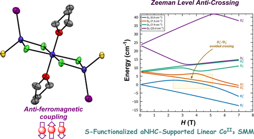 Graphical abstract for Zeeman Level Anti-Crossing and Slow Magnetic Relaxation in an S-Functionalized Abnormal NHC-Supported Linear Co<sup>II</sup><sub>3</sub> Single-Molecule Magnet